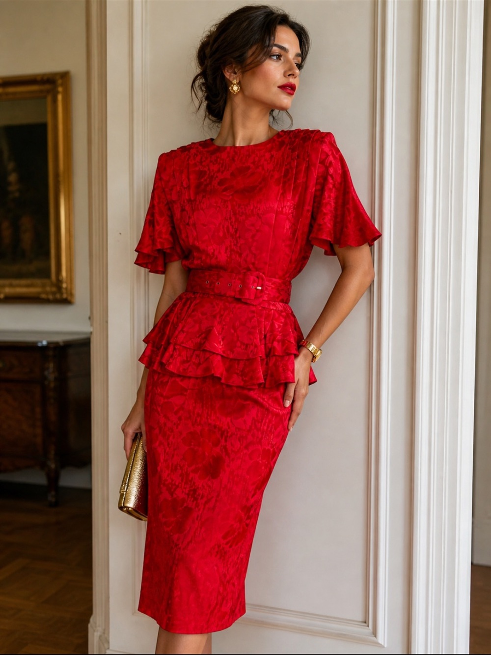 Vintage 80s Red Silk Peplum Dress Midi Belted Cocktail Party Size 12